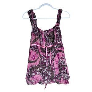 Y2K Fairy Grunge Boho Paisley Floral Tank Top Sz L Sheer Overlay Retro Ribbon
